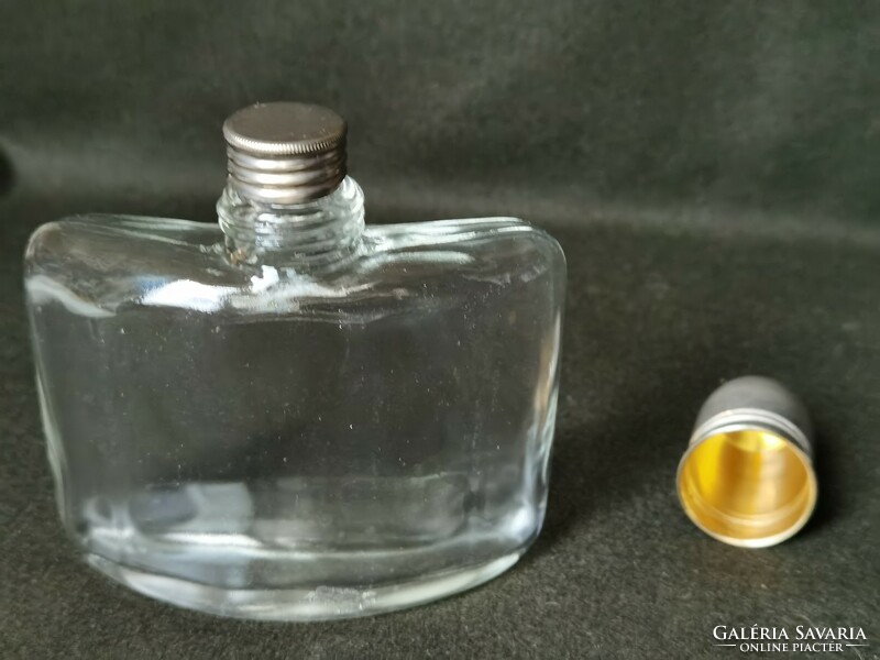 Antik bőr tokos laposüveg, flaska dupla kupakos