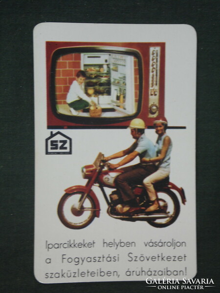 Card calendar, cooperative industrial goods stores, television, pannonia p20 motorcycle, 1972, (1)
