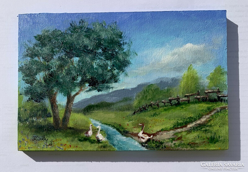 Hűsölő kacsák - deszkára festett akrilfestmény - 12 x 18 cm