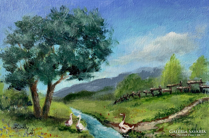 Cooling ducks - acrylic painting on board - 12 x 18 cm
