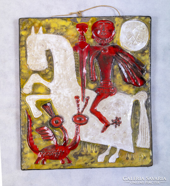 Retro Sárkányölő Szent György kerámia falikép 31x 31 cm PA jelölés