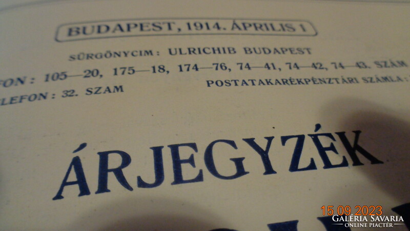 Price list, ulrich b. J. Budapest 1914