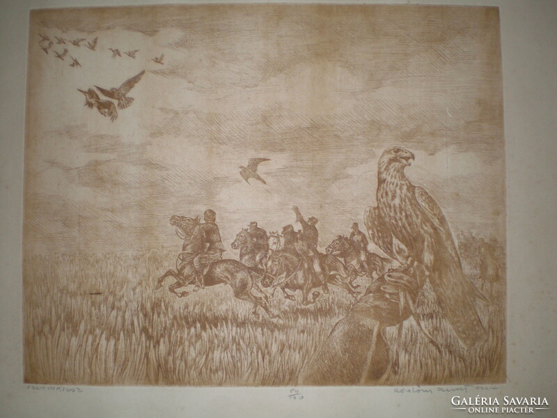 Gábor Rádóczy Gyarmathy, falconers! Big size ! ! Signed, 84 / 100 etching
