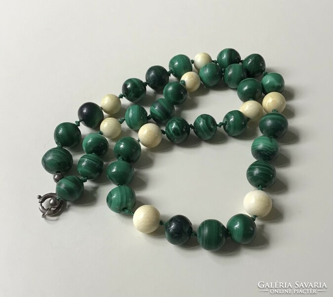 Old malachite and bone bead string with silver or silver plated clasp