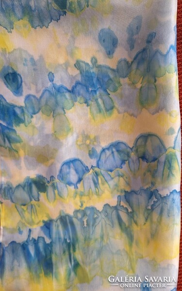 Blue-yellow original caterpillar or spider silk scarf, shawl, hand hemmed