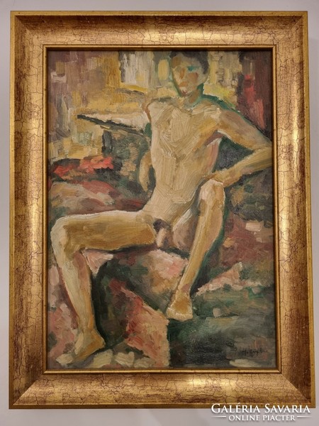 László Sallay: young model - male nude study painting 35x25cm