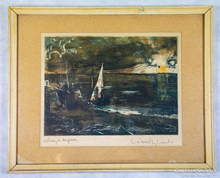 László Ukovszky (1922-1981): dusk on the sea. Etching, paper. Indicated. 23X27 cm