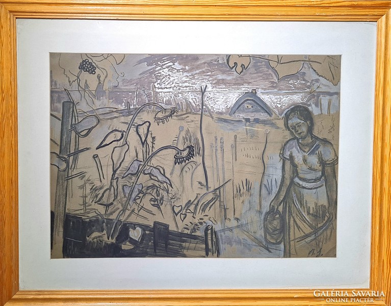 In the garden (mixed media) signed work in a frame, bj monogram?