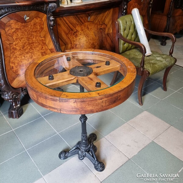 A table made from a cart wheel