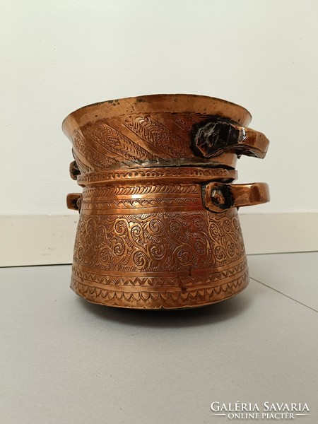Antique Arabic kitchen tool tinned red copper pot and strainer with engraved punctuated decoration 257 8051