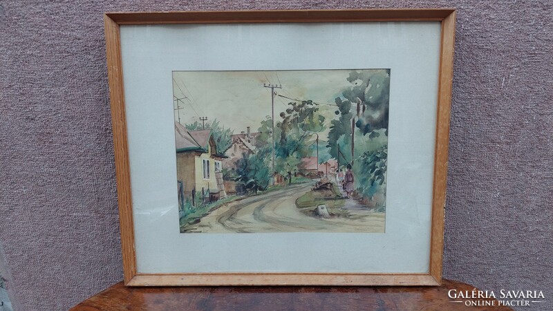 Jelzett akvarell festmény, falusi utca