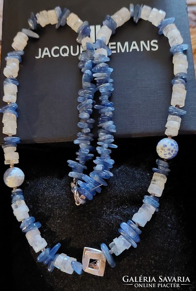 Rainbow moonstone and kyanite necklace with silver-plated decoration