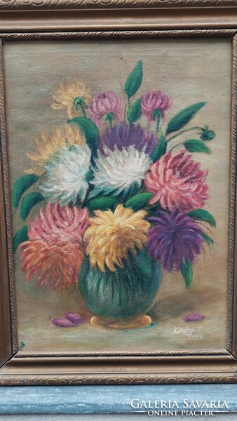 Kökény 1959 oil on canvas flower still life painting