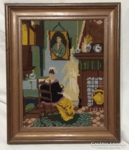 Gobelin kép (42 x 51 cm, kézimunkázó nő)