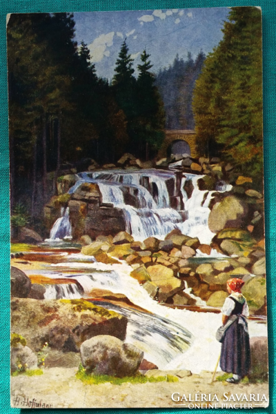 Artist's postcard, heinrich hoffmann: black forest series, waterfall, postage stamp