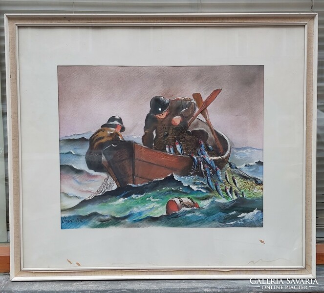 Unger 1976 jelzéssel Halászok festmény, 64x74 cm