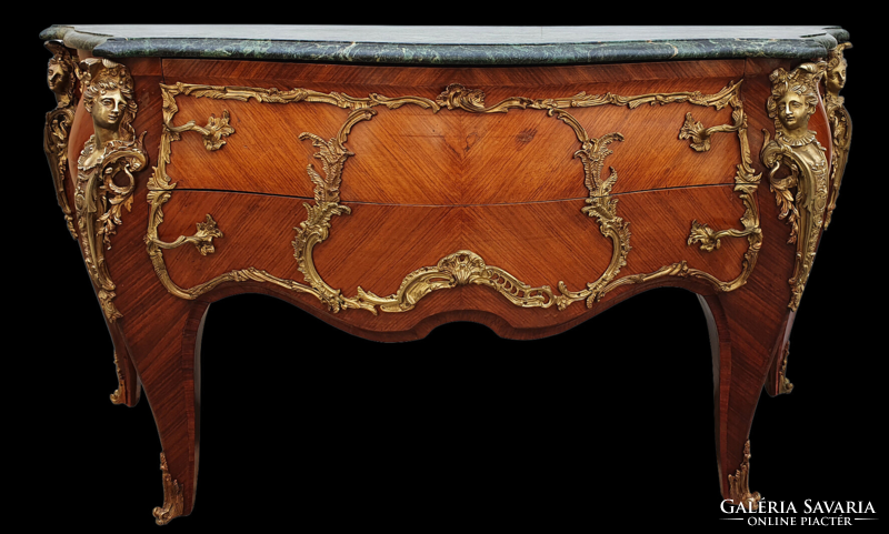 A huge antique-style chest of drawers with a rare beautiful marble top with bronze sculptural appliqués