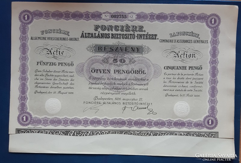 FONCIÉRE Általános Biztosító-Intézet 2 sorszámkövető részvény, 2 x 50 pengő 1926.