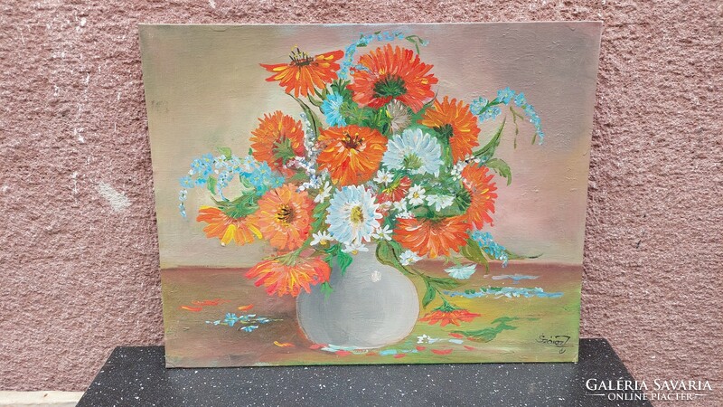 Oil on canvas flower still life painting with dry mark