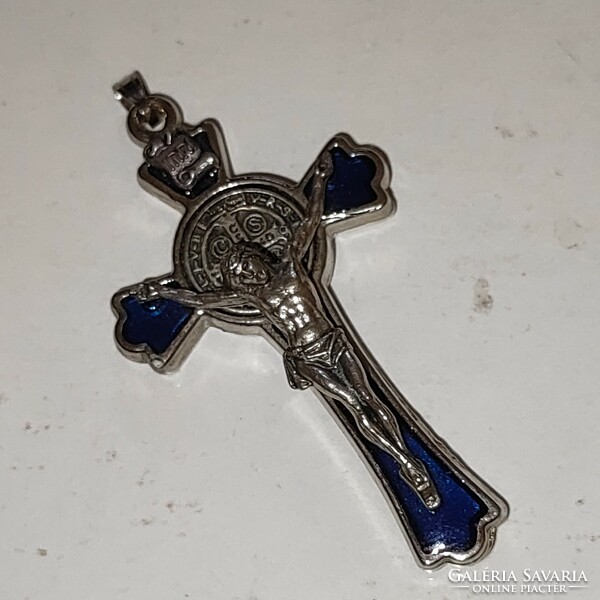 Beautiful metal crucifix pendant with blue enamel inlay