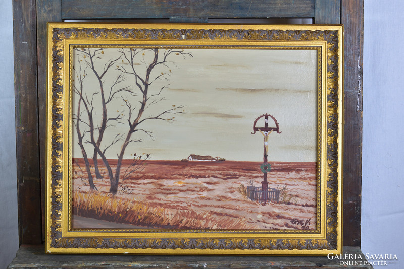Koch Vilmos Út menti kereszt (pléhkrisztus) a magyar pusztában tanyával dekoratív arany fakeretben