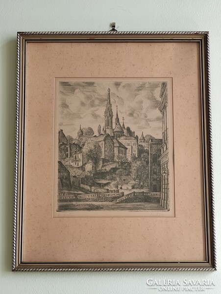 Szabó k. Buda castle standing glazed etching in a sophisticated frame