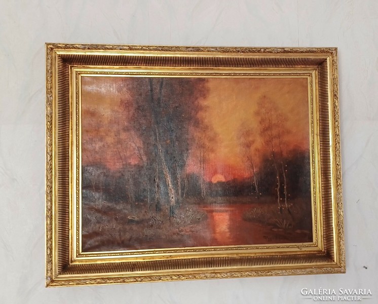 Antique beautiful oil painting, in a special windy gold frame