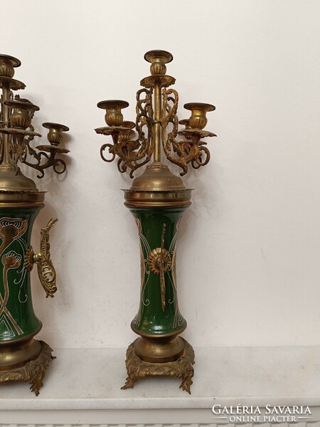 Antique Art Nouveau candle holder 2 majolica porcelain with copper fittings 361 8099