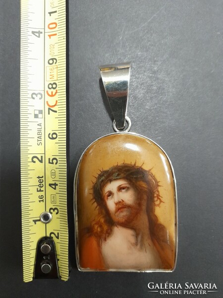 Old large, religious, Jesus, hand-painted, silver 925 frame flawless pendant. 6 Cm x 4.5 Cm.