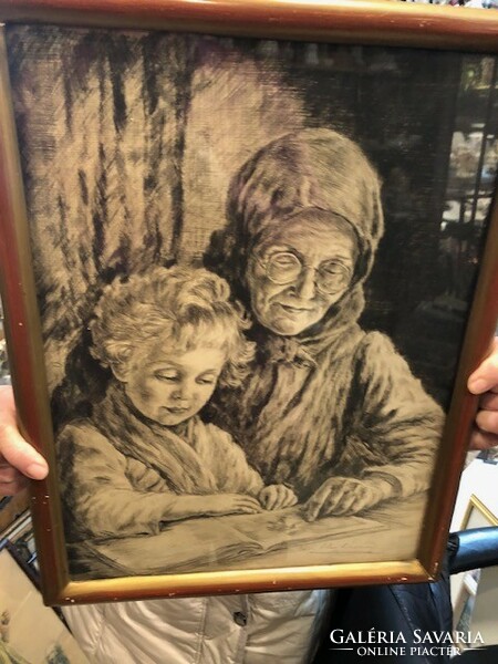 Edvi Illés Aladárné etching, grandmother with grandson, 45 x 40 cm
