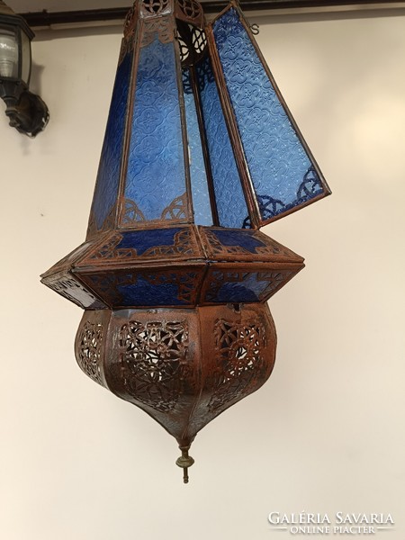 Antique Arabic Turkish Moroccan ceiling metal chandelier with blue glass insert 432 8121