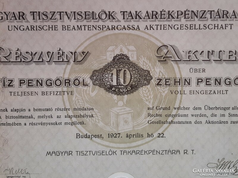 Hungarian officials savings bank rt., Share 10 pengő 1927.