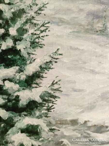 Klausz Éva sejtelmes teliholdas havas téli táj olaj farost ezüst színű keretben