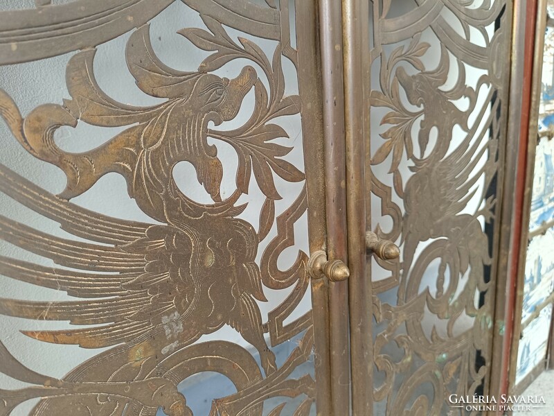 Antik vésett réz ajtós kályha kandalló keret delfti csempe berakás dísszel 444 8128