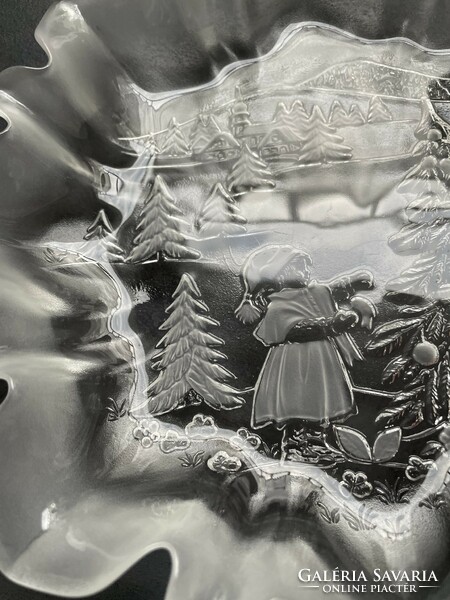 Pazar hullámos szélű domború karácsonyi közepes méretű üveg kínáló