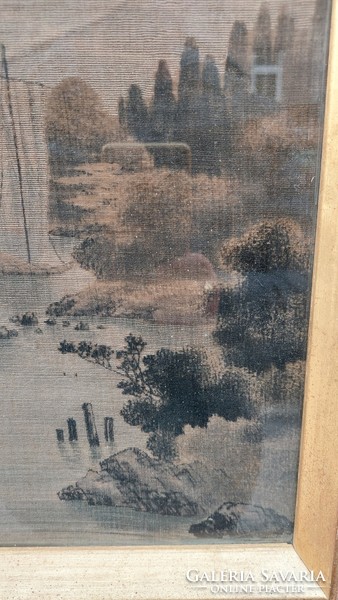 Old needlework, fabric image, landscape