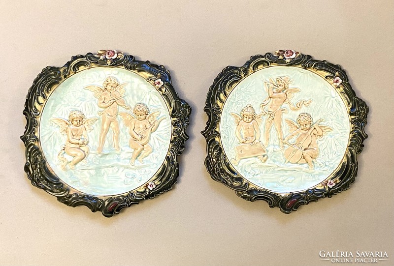 Musical puttók antique painted faience wall plate pair of wall plates 40 cm