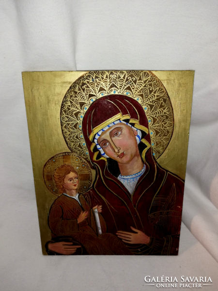 Mária a kis Jézussal, jelzett, kézzel fa lapra festve sok aranyozással
