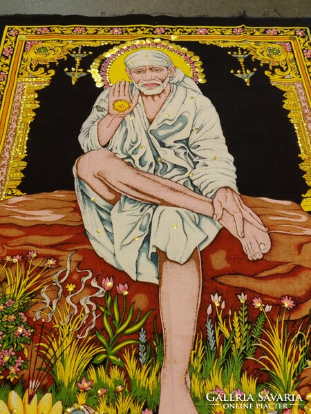 Sai Baba fehér dhoti-ban, Eredeti indiai vászonra festett Sai Baba batik falikép Indiából