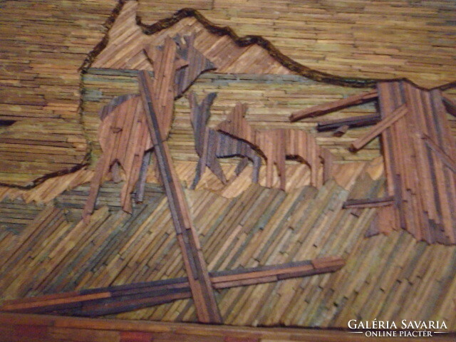 Egyedi eljárással készült 100% kézi munka erdő jelenetes festmény után fából őzikés falikép