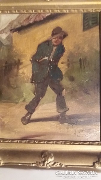 Varga I. a kis csavargó olaj, karton festmény, eredeti kertében, szignált, 32 cm