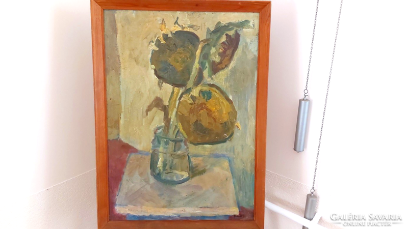 (K) Zoltán Thuróczy sunflower still life painting with frame 54x75 cm