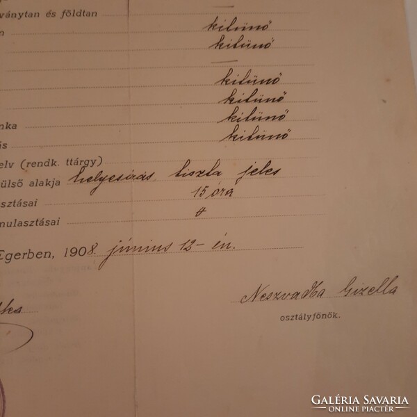 Civil school certificate for girls, Eger Institute for English Misses, 1908