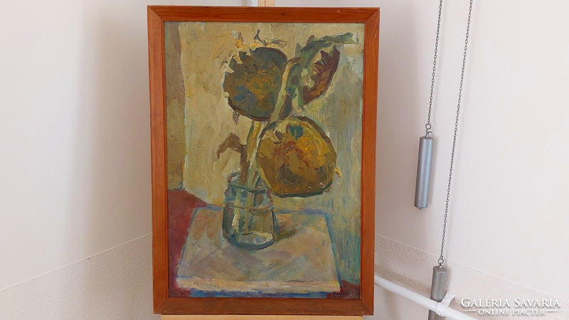 (K) Zoltán Thuróczy sunflower still life painting with frame 54x75 cm