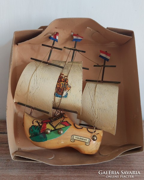 Old, vintage Dutch Volendam souvenir wooden slipper sailing ship model - circa 70s - marine decoration