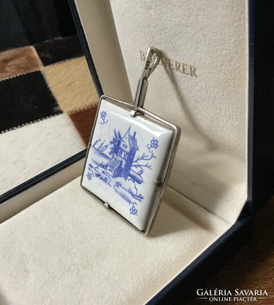 Old Dutch delft? Large silver pendant with painted porcelain