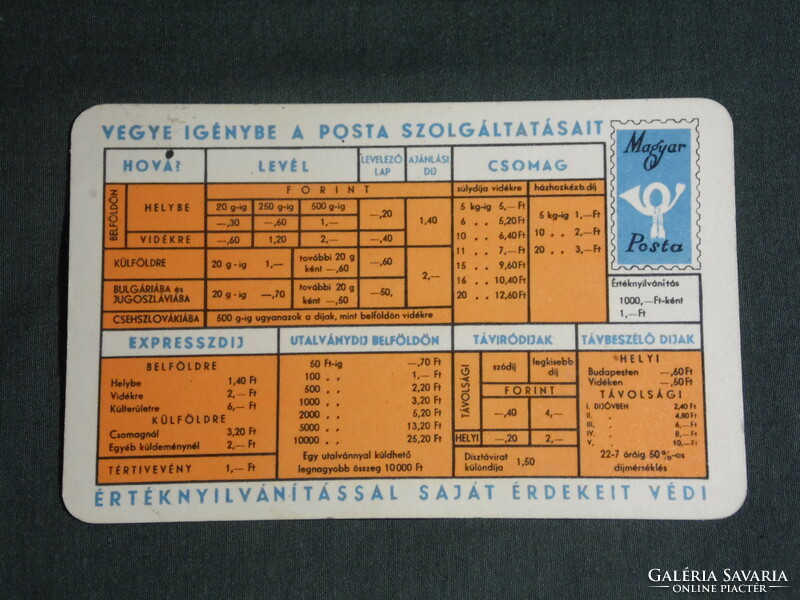 Kártyanaptár, Magyar Posta, díjtáblázat, 1963 ,  (2)
