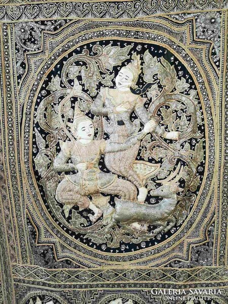 Hindu, buddhista kézi hímzett (gyöngy, flitter) antik szőnyeg,KALAGA. Ramajana jelenet NEM TÚRISTA