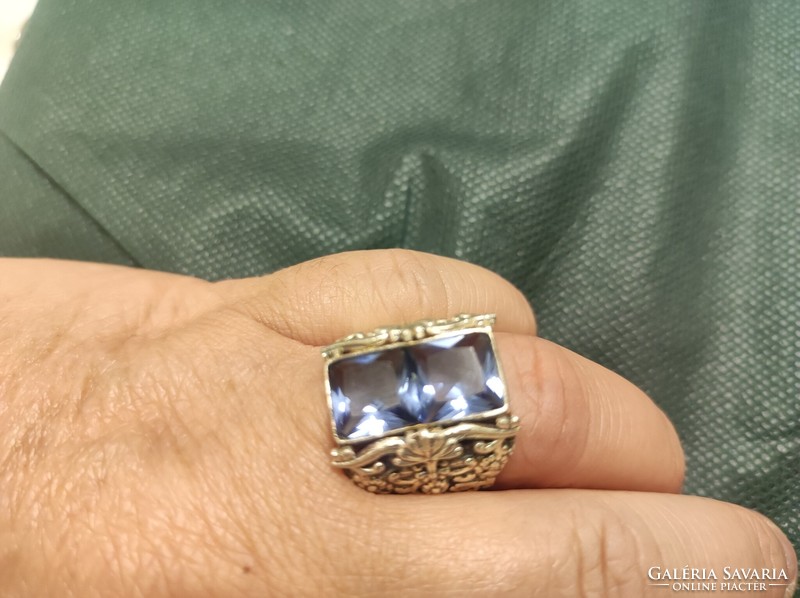 Israeli silver watch ring with blue topaz stone