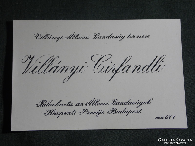Wine label, Villány state farm, Budapest bottler, Villány cirfandli